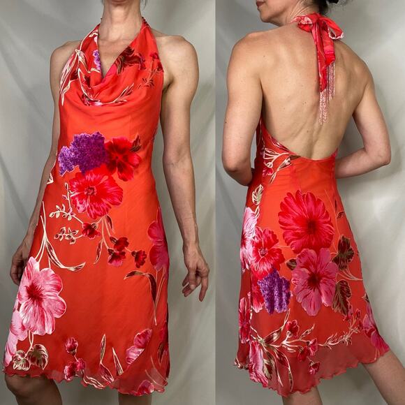 Cache silk floral halter midi dress velvet burnout cowl neck open back orange 2 - Picture 14 of 17